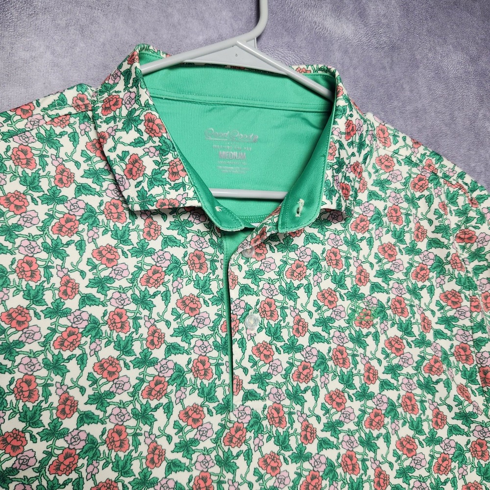 Good Good Golf Polo Shirt Mens Medium Green Pink Floral Rose Performance Stretch